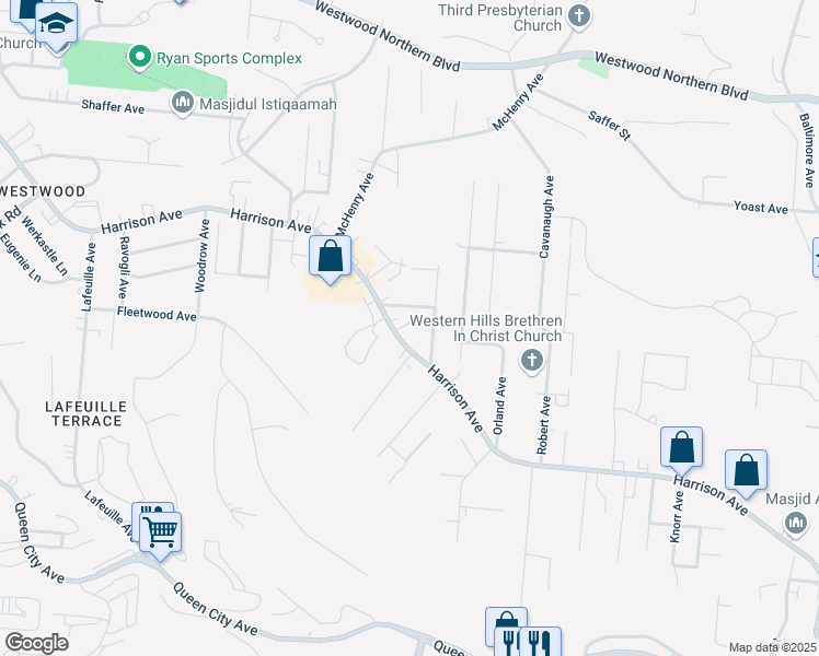 map of restaurants, bars, coffee shops, grocery stores, and more near 2358 Harrison Avenue in Cincinnati