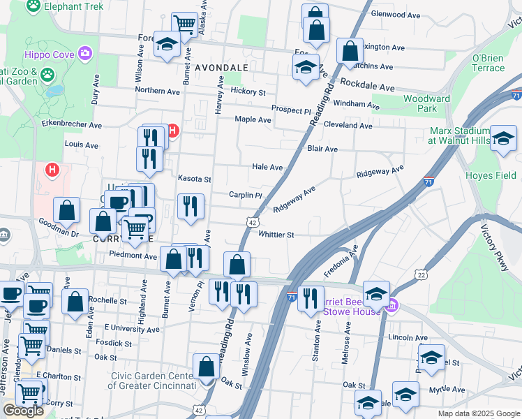 map of restaurants, bars, coffee shops, grocery stores, and more near Reading Rd & Ridgeway Ave in Cincinnati