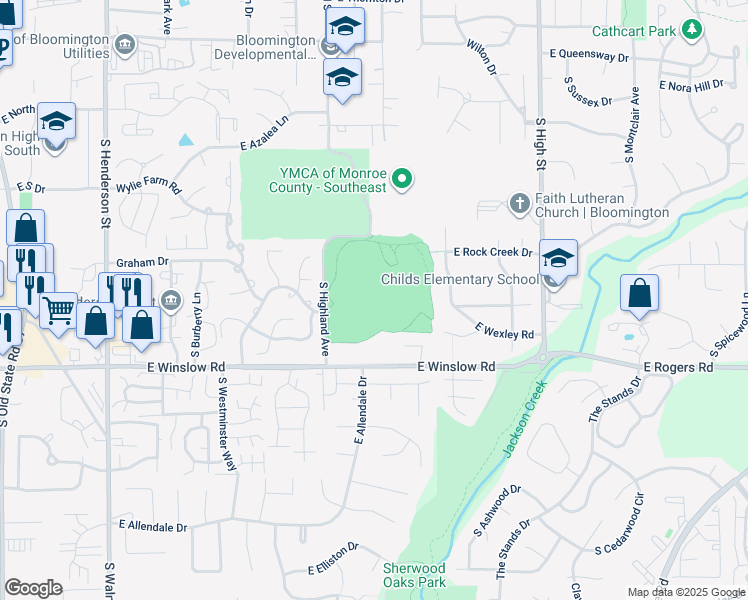 map of restaurants, bars, coffee shops, grocery stores, and more near 2800 South Highland Avenue in Bloomington