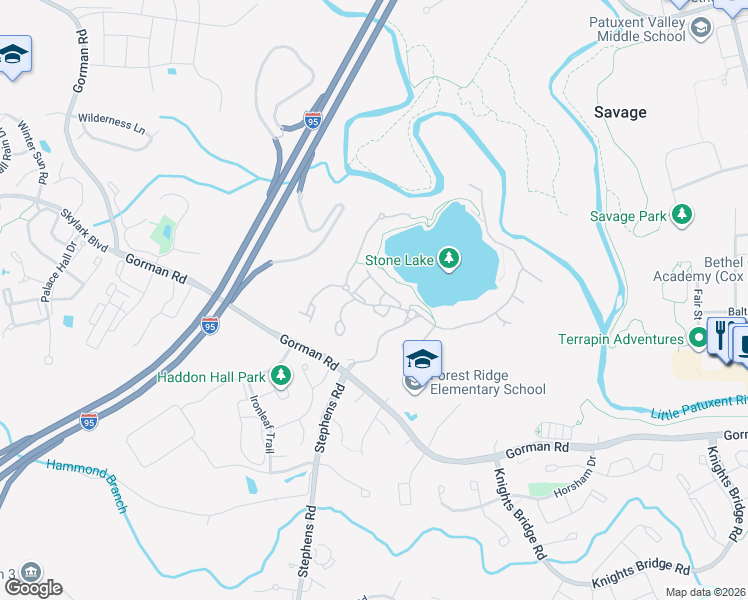map of restaurants, bars, coffee shops, grocery stores, and more near 8801 Mirror Lake Way in Laurel