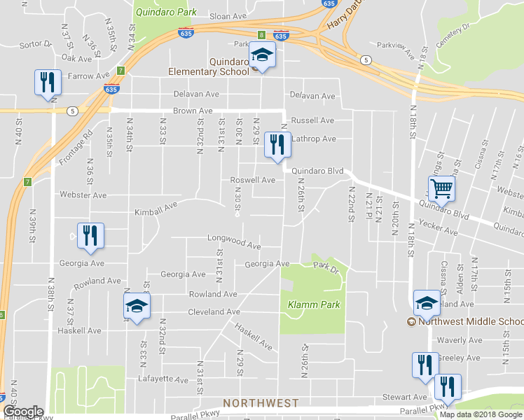 map of restaurants, bars, coffee shops, grocery stores, and more near 2726 Kimball Avenue in Kansas City