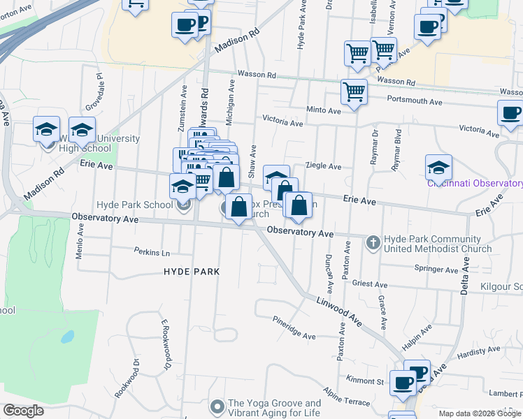 map of restaurants, bars, coffee shops, grocery stores, and more near 2521 Astoria Avenue in Cincinnati