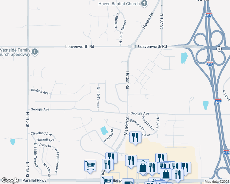 map of restaurants, bars, coffee shops, grocery stores, and more near 2804 North 109th Street in Kansas City