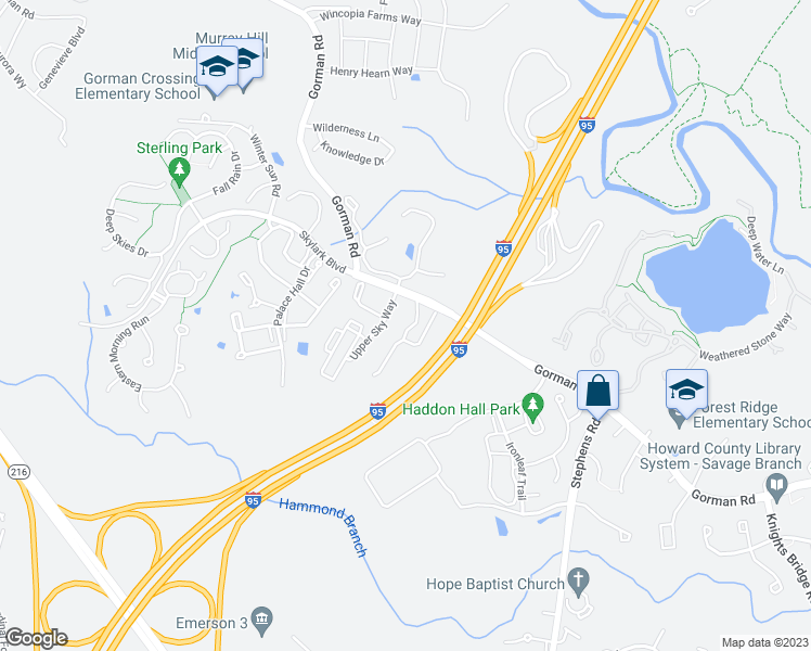 map of restaurants, bars, coffee shops, grocery stores, and more near 8453 Upper Sky Way in Laurel