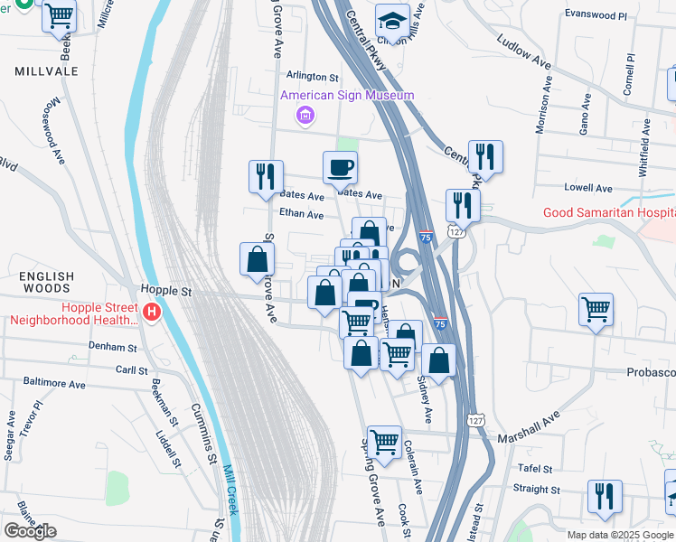 map of restaurants, bars, coffee shops, grocery stores, and more near 1316 Elam Street in Cincinnati