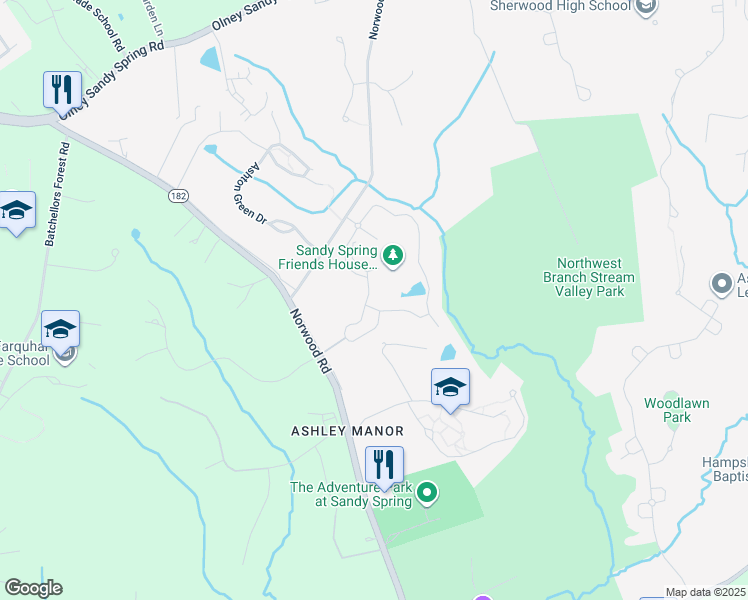 map of restaurants, bars, coffee shops, grocery stores, and more near 17215 Friends House Road in Ashton-Sandy Spring