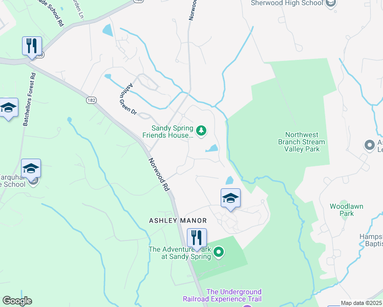 map of restaurants, bars, coffee shops, grocery stores, and more near 17215 Friends House Road in Ashton-Sandy Spring