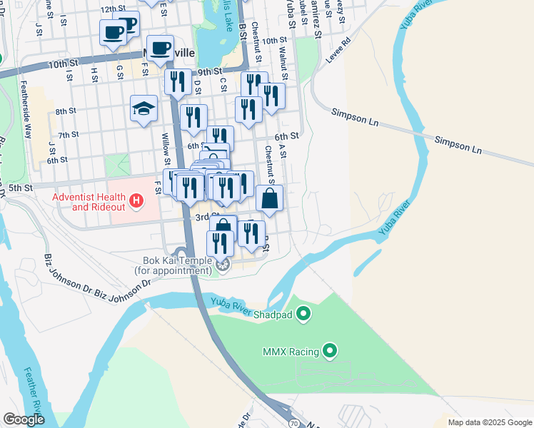 map of restaurants, bars, coffee shops, grocery stores, and more near 229 B Street in Marysville