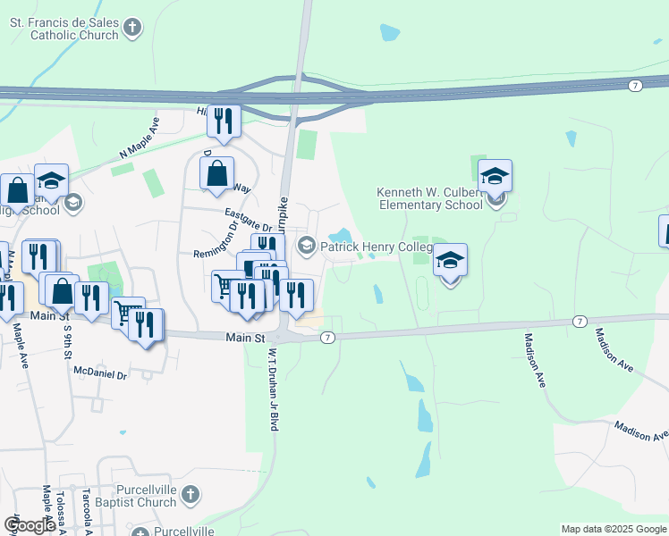 map of restaurants, bars, coffee shops, grocery stores, and more near 2 Wilberforce CIrcle in Purcellville