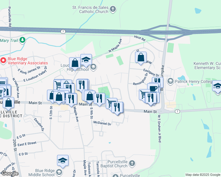 map of restaurants, bars, coffee shops, grocery stores, and more near 125 Misty Pond Terrace in Purcellville