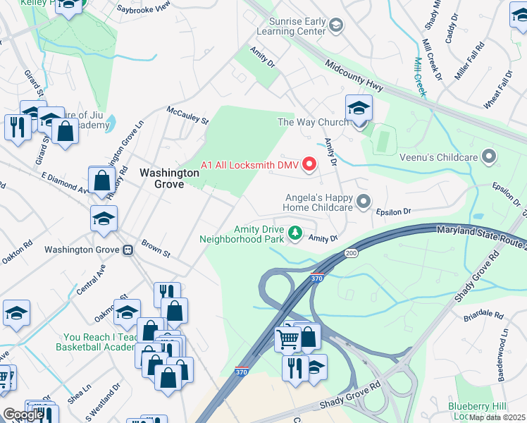 map of restaurants, bars, coffee shops, grocery stores, and more near 326 Ridge Road in Washington Grove