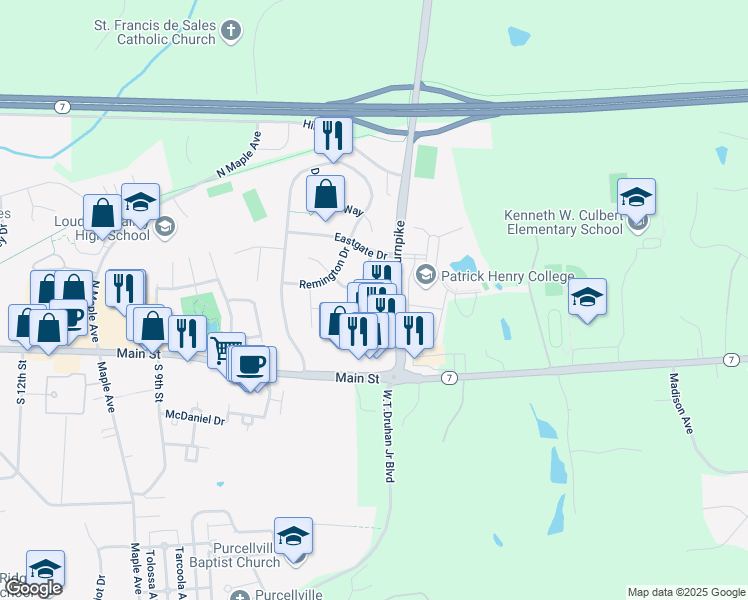 map of restaurants, bars, coffee shops, grocery stores, and more near 37879 Wexford Place in Purcellville