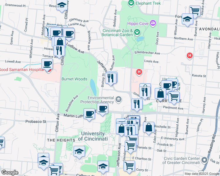 map of restaurants, bars, coffee shops, grocery stores, and more near 3205 Jefferson Avenue in Cincinnati