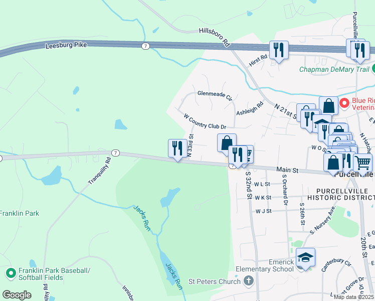 map of restaurants, bars, coffee shops, grocery stores, and more near 101 North 33rd Street in Purcellville
