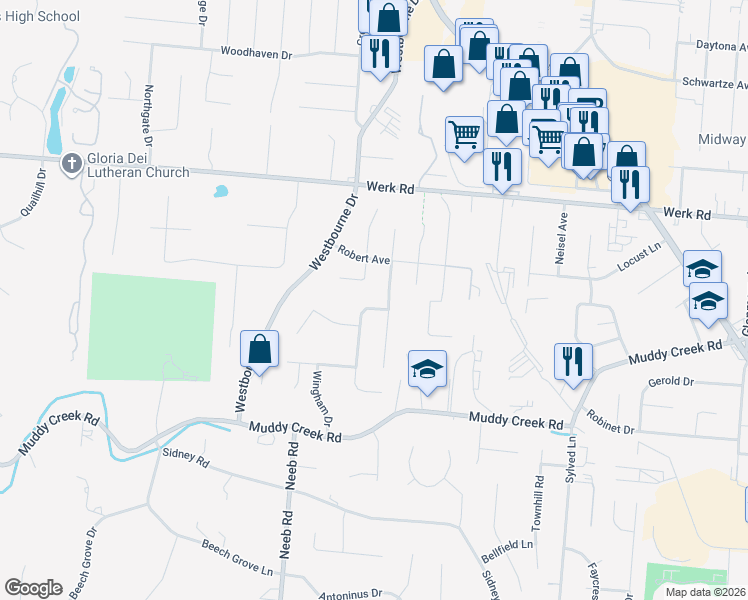 map of restaurants, bars, coffee shops, grocery stores, and more near 2761 Falconbridge Drive in Cincinnati