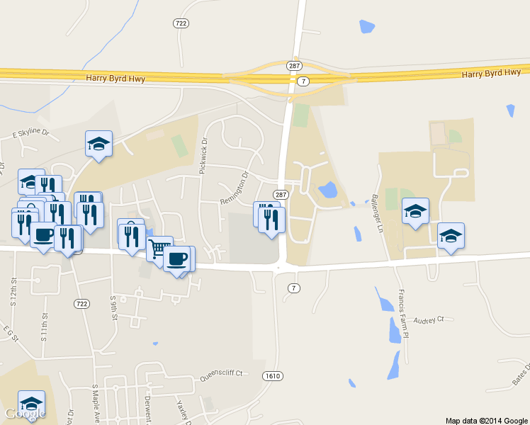 map of restaurants, bars, coffee shops, grocery stores, and more near 37879 Wexford Place in Purcellville