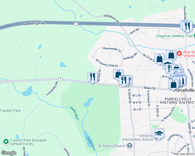 map of restaurants, bars, coffee shops, grocery stores, and more near 101 North 33rd Street in Purcellville