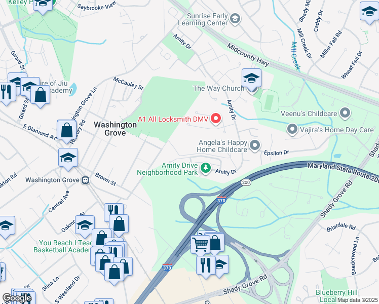 map of restaurants, bars, coffee shops, grocery stores, and more near 328 Ridge Road in Washington Grove