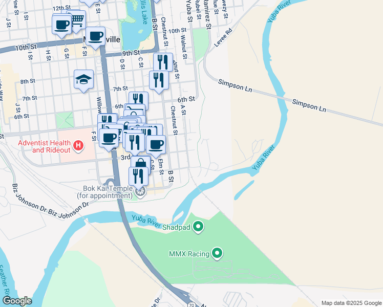 map of restaurants, bars, coffee shops, grocery stores, and more near 201-299 A Street in Marysville