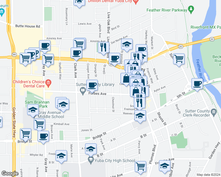 map of restaurants, bars, coffee shops, grocery stores, and more near 759 Chestnut Street in Yuba City