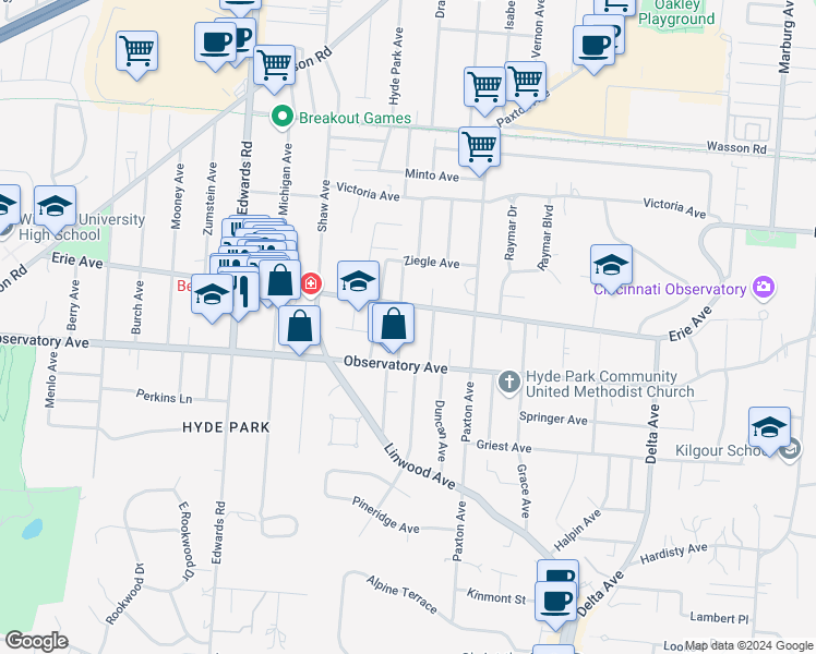 map of restaurants, bars, coffee shops, grocery stores, and more near 3422 Monteith Avenue in Cincinnati