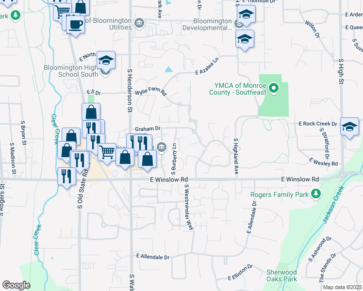map of restaurants, bars, coffee shops, grocery stores, and more near 2371-2399 South Burberry Lane in Bloomington