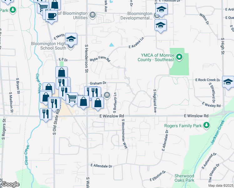 map of restaurants, bars, coffee shops, grocery stores, and more near 2371-2399 South Burberry Lane in Bloomington