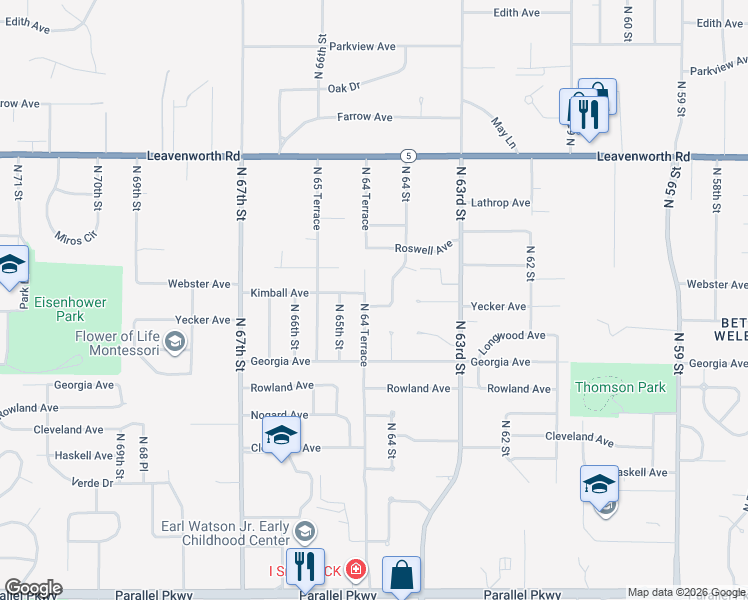 map of restaurants, bars, coffee shops, grocery stores, and more near 6409 Yecker Avenue in Kansas City