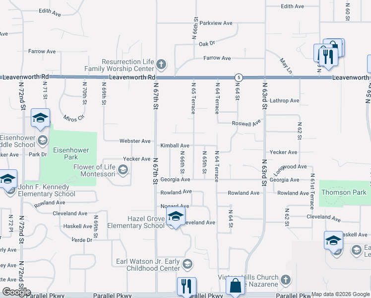 map of restaurants, bars, coffee shops, grocery stores, and more near 2808 North 65 Terrace in Kansas City