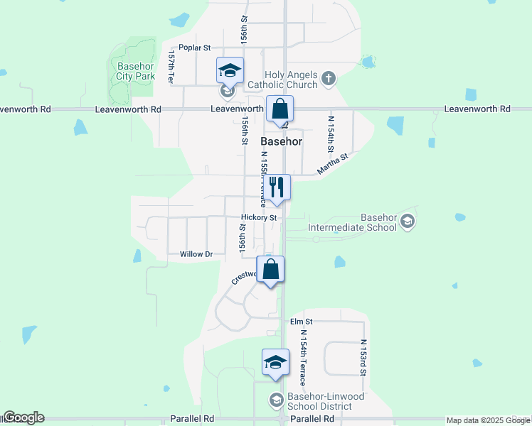map of restaurants, bars, coffee shops, grocery stores, and more near 15525 Hickory Street in Basehor