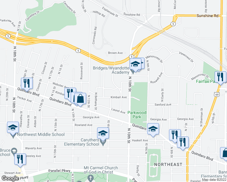 map of restaurants, bars, coffee shops, grocery stores, and more near 1049 Webster Avenue in Kansas City