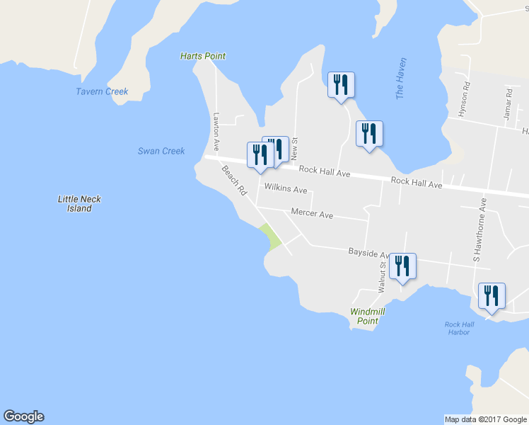 map of restaurants, bars, coffee shops, grocery stores, and more near 5807 Beach Road in Rock Hall