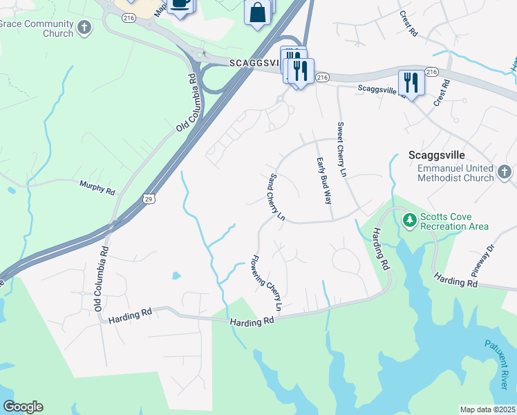 map of restaurants, bars, coffee shops, grocery stores, and more near 8405 Cherry Laurel Court in Laurel