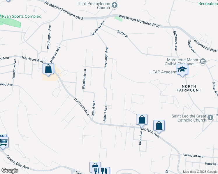 map of restaurants, bars, coffee shops, grocery stores, and more near 2905 Costello Avenue in Cincinnati