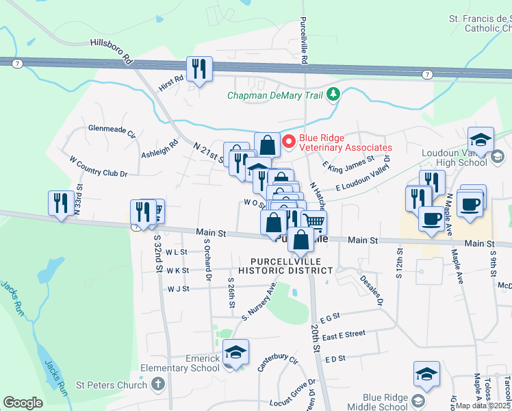 map of restaurants, bars, coffee shops, grocery stores, and more near 216 West O Street in Purcellville
