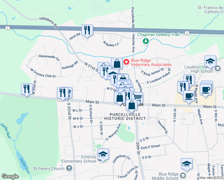 map of restaurants, bars, coffee shops, grocery stores, and more near 216 West O Street in Purcellville