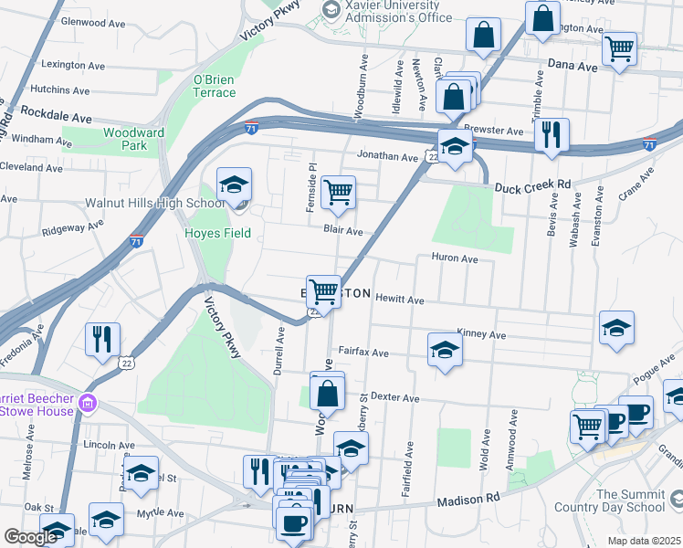map of restaurants, bars, coffee shops, grocery stores, and more near 3326 Woodburn Avenue in Cincinnati