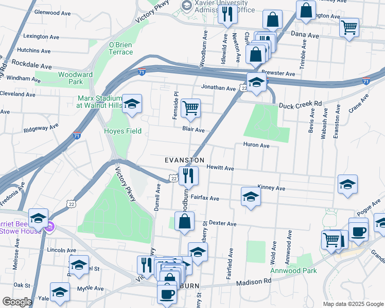 map of restaurants, bars, coffee shops, grocery stores, and more near 3326 Woodburn Avenue in Cincinnati
