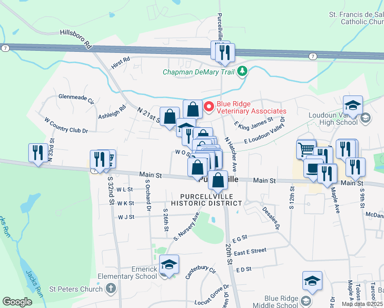 map of restaurants, bars, coffee shops, grocery stores, and more near 201 North 21st Street in Purcellville