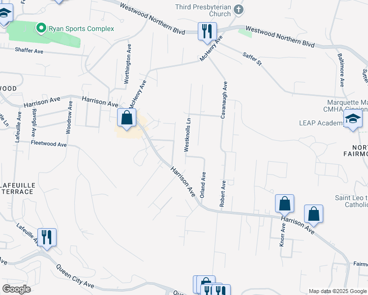 map of restaurants, bars, coffee shops, grocery stores, and more near 2905 Westknolls Lane in Cincinnati