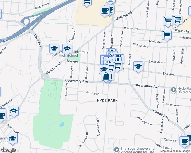 map of restaurants, bars, coffee shops, grocery stores, and more near 2608 Observatory Avenue in Cincinnati