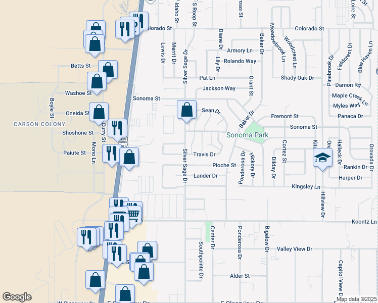 map of restaurants, bars, coffee shops, grocery stores, and more near 505 Travis Drive in Carson City