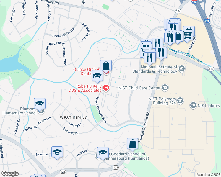 map of restaurants, bars, coffee shops, grocery stores, and more near 828 Quince Orchard Boulevard in Gaithersburg