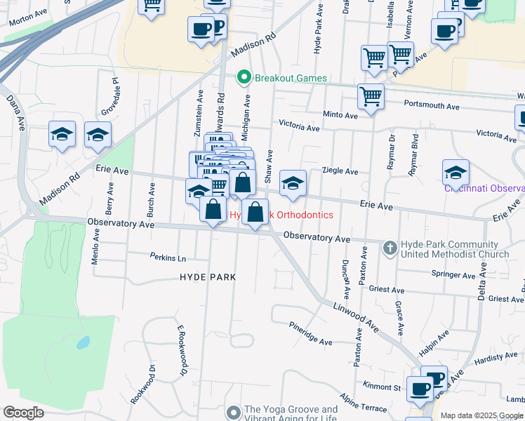 map of restaurants, bars, coffee shops, grocery stores, and more near 2749 Linshaw Court in Cincinnati