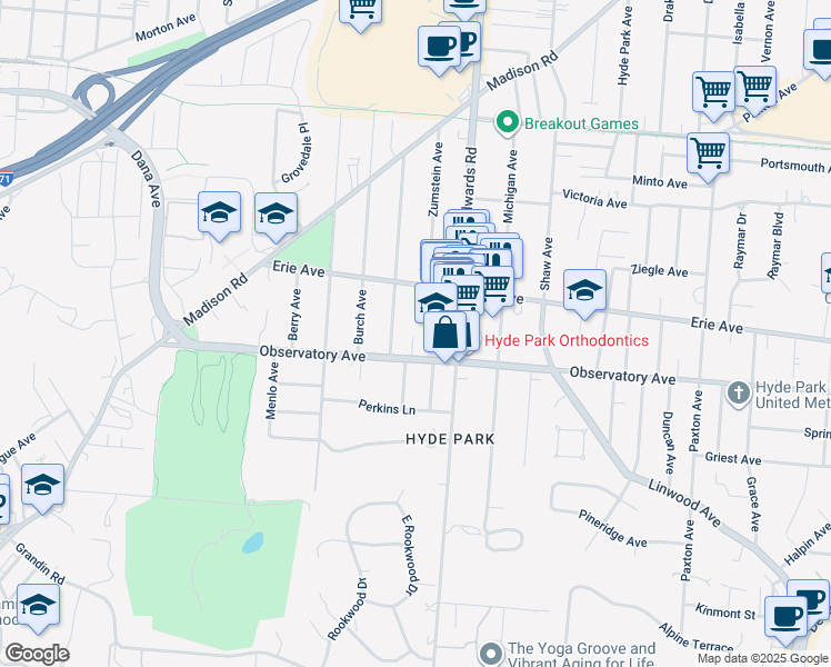 map of restaurants, bars, coffee shops, grocery stores, and more near 2608 Observatory Avenue in Cincinnati