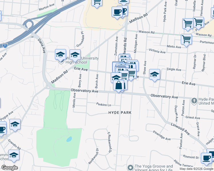 map of restaurants, bars, coffee shops, grocery stores, and more near 2608 Observatory Avenue in Cincinnati