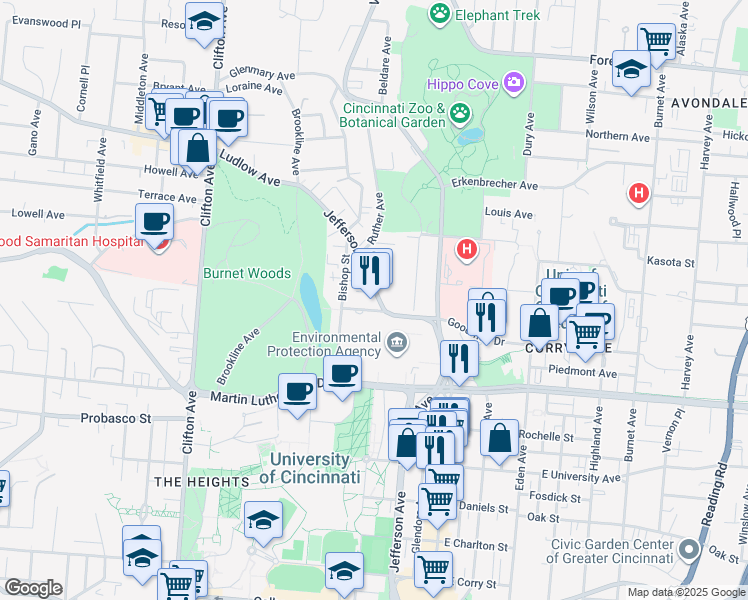 map of restaurants, bars, coffee shops, grocery stores, and more near in Cincinnati