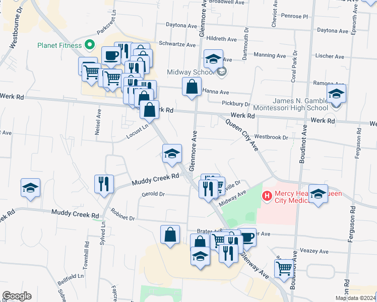 map of restaurants, bars, coffee shops, grocery stores, and more near 3016 Glenmore Avenue in Cincinnati