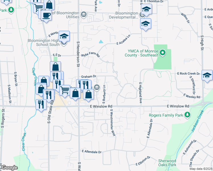 map of restaurants, bars, coffee shops, grocery stores, and more near 2371-2399 South Burberry Lane in Bloomington