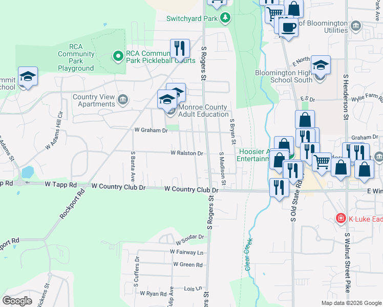 map of restaurants, bars, coffee shops, grocery stores, and more near 603 West Ralston Drive in Bloomington